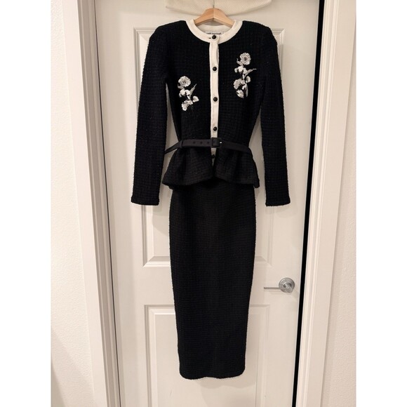 NWOT Self-Portrait BLACK FLORAL TEXTURED KNIT MIDI DRESS, special occasion dress - Picture 5 of 16